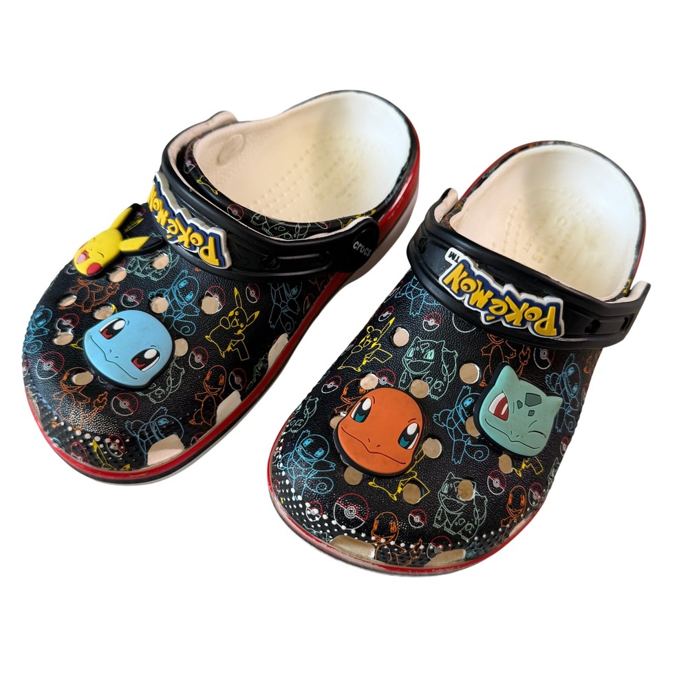 Crocs Pokemon Clogs Kids Size C9 Black Red Good Condition Jibbitz Charms 211345